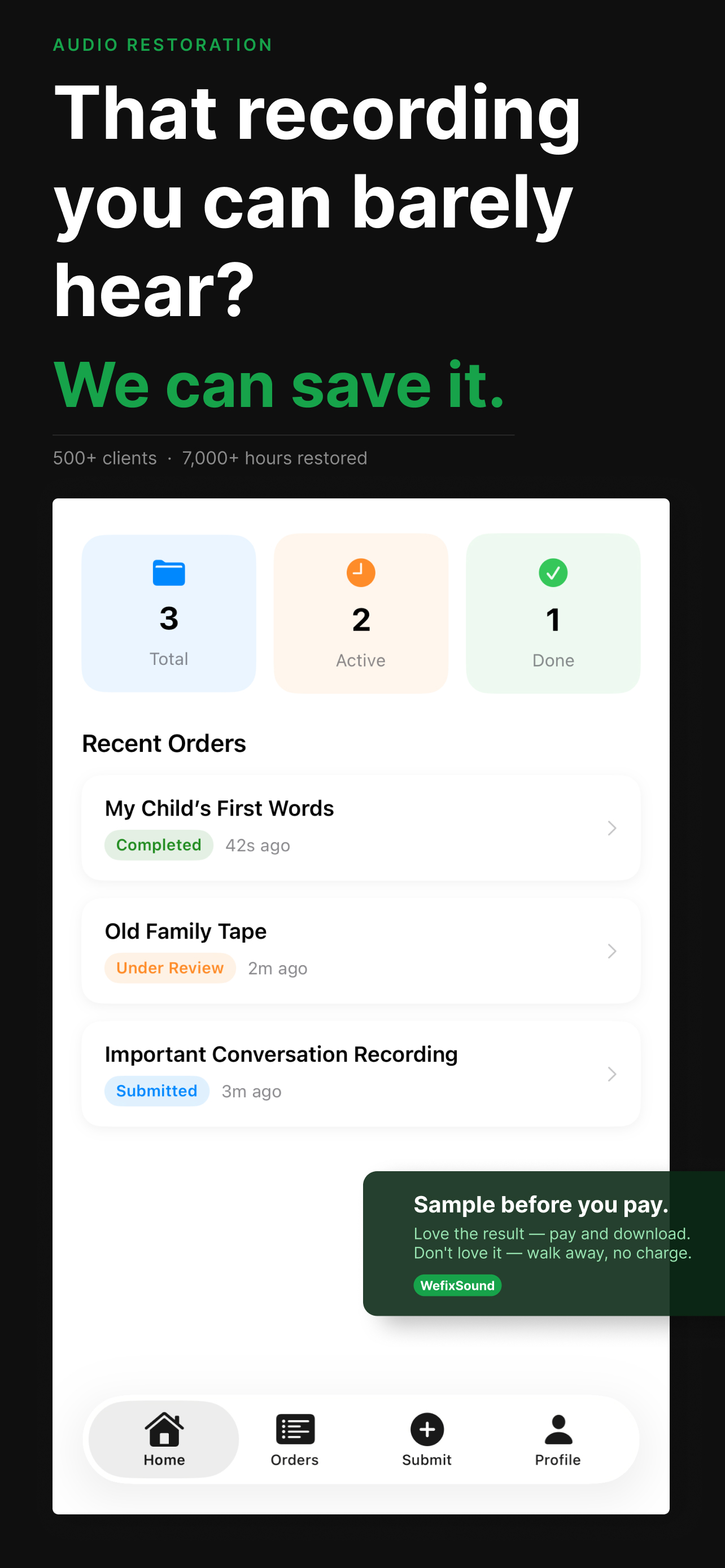 Audio Clean Up app — that recording you can barely hear, we can save it. Submit audio for manual noise removal