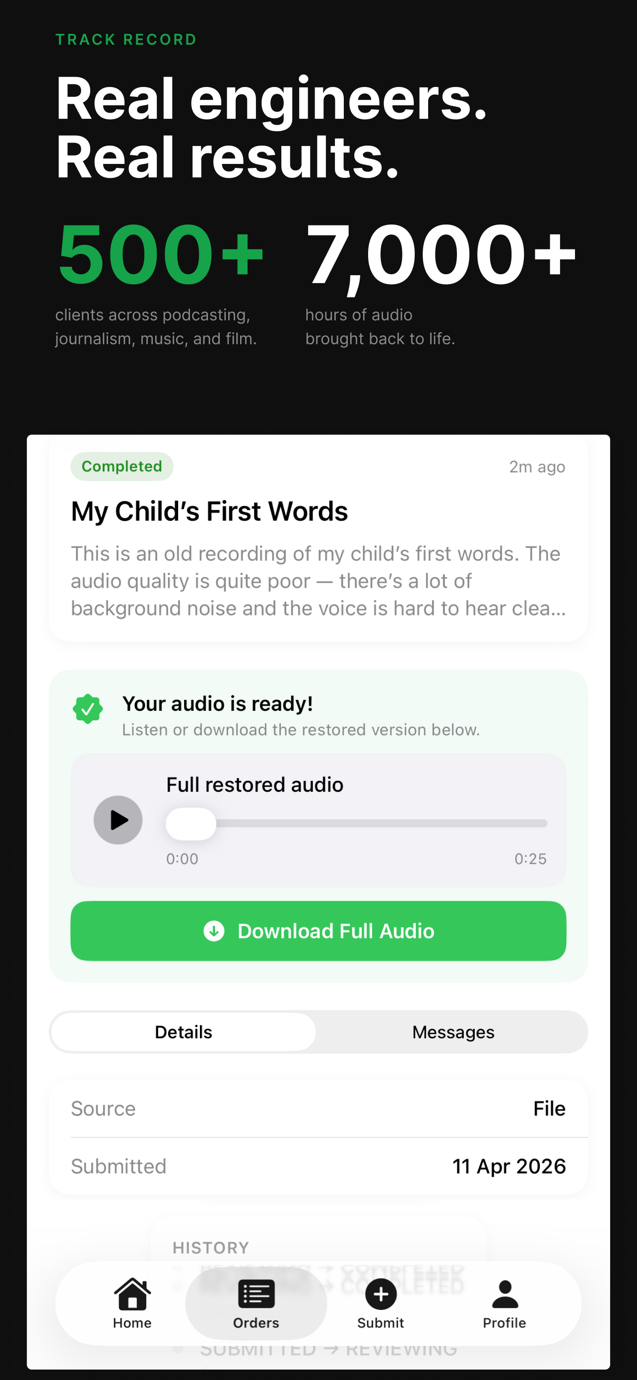 Audio Clean Up app results — 'Real engineers. Real results. 500+ orders, 7,000+ minutes restored'
