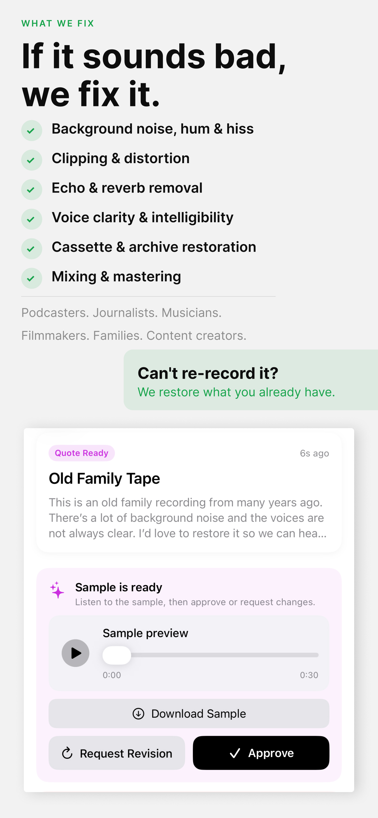 Audio Clean Up app features — 'If it sounds bad, we fix it.' Full checklist of audio problems fixed