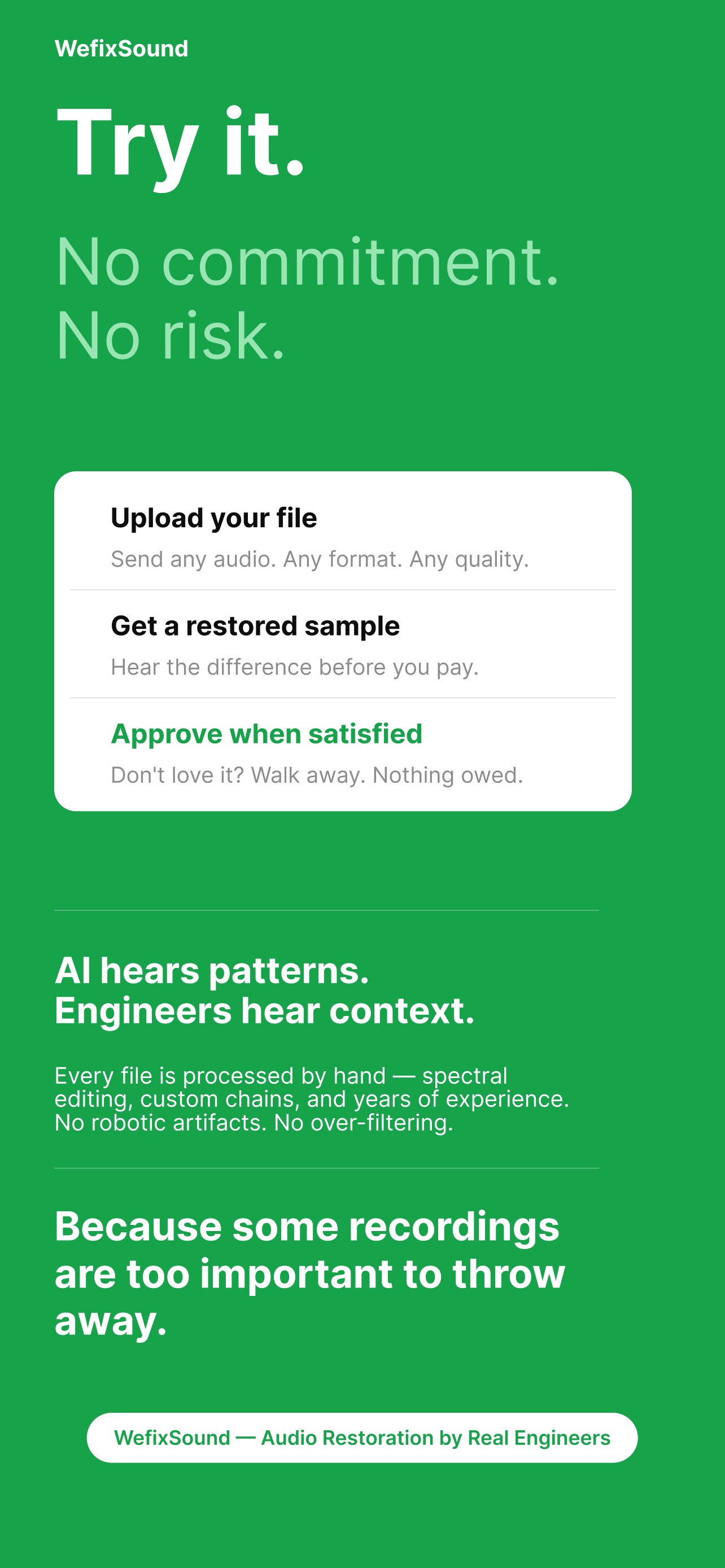 Audio Clean Up app CTA — 'Try it. No commitment. No risk.' AI vs manual engineers comparison
